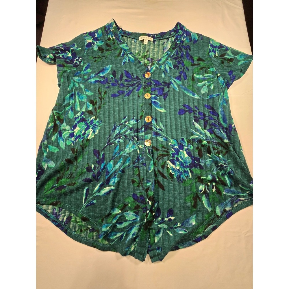 Ophelia Roe Womens 1X Green Floral Ribbed Knit Button Front V-Neck‎ Top